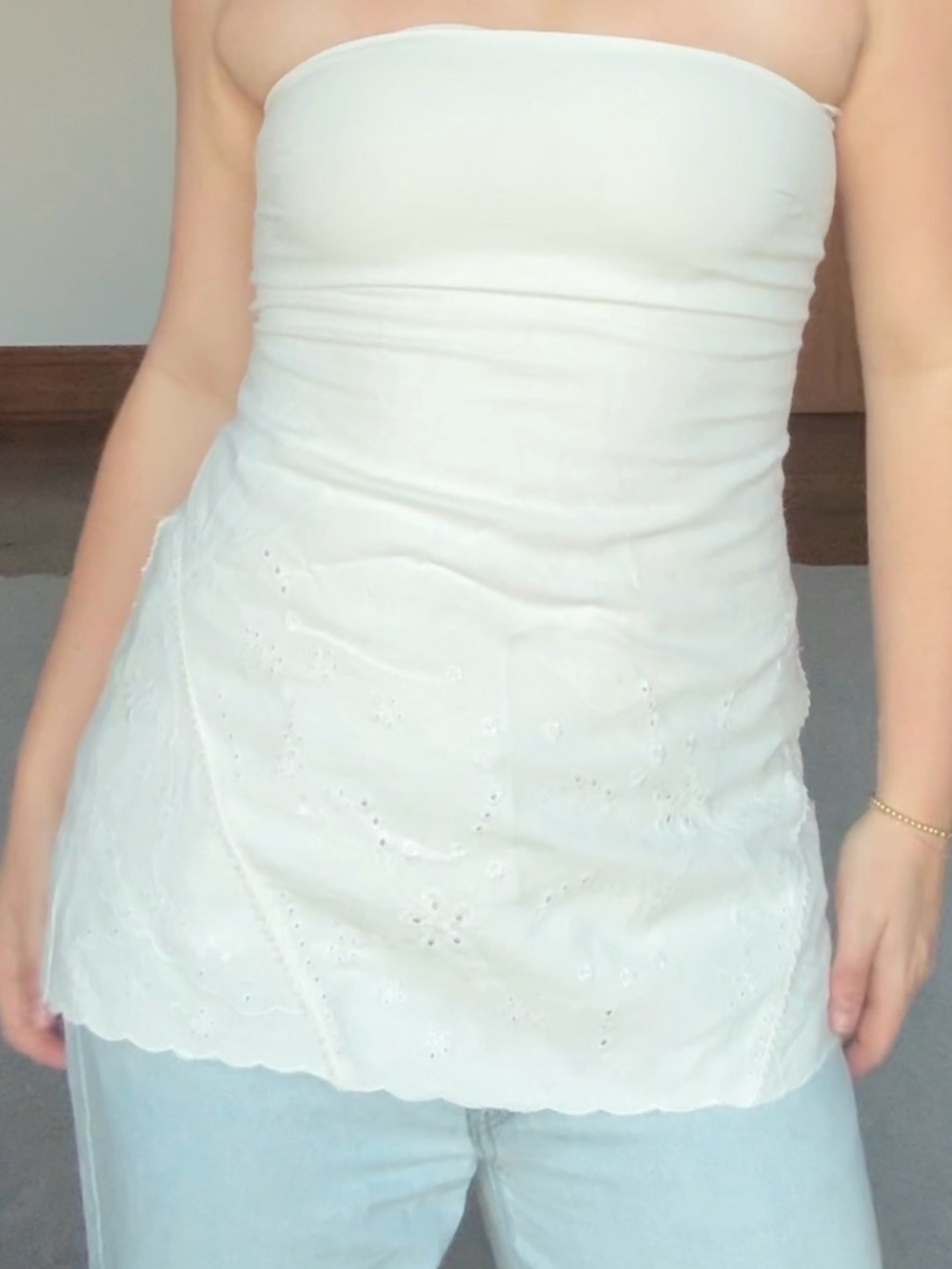 Zara White Eyelet Embroidered Strapless Long Top Boho Summer Medium